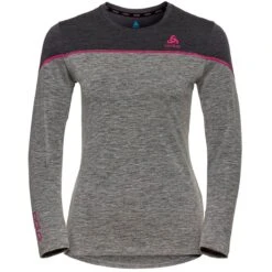 Odlo Revelstoke Performance Wool Warm Long-Sleeve Base Layer Top Women - Odlo Graphite Grey Melange - Festival Fuchsia